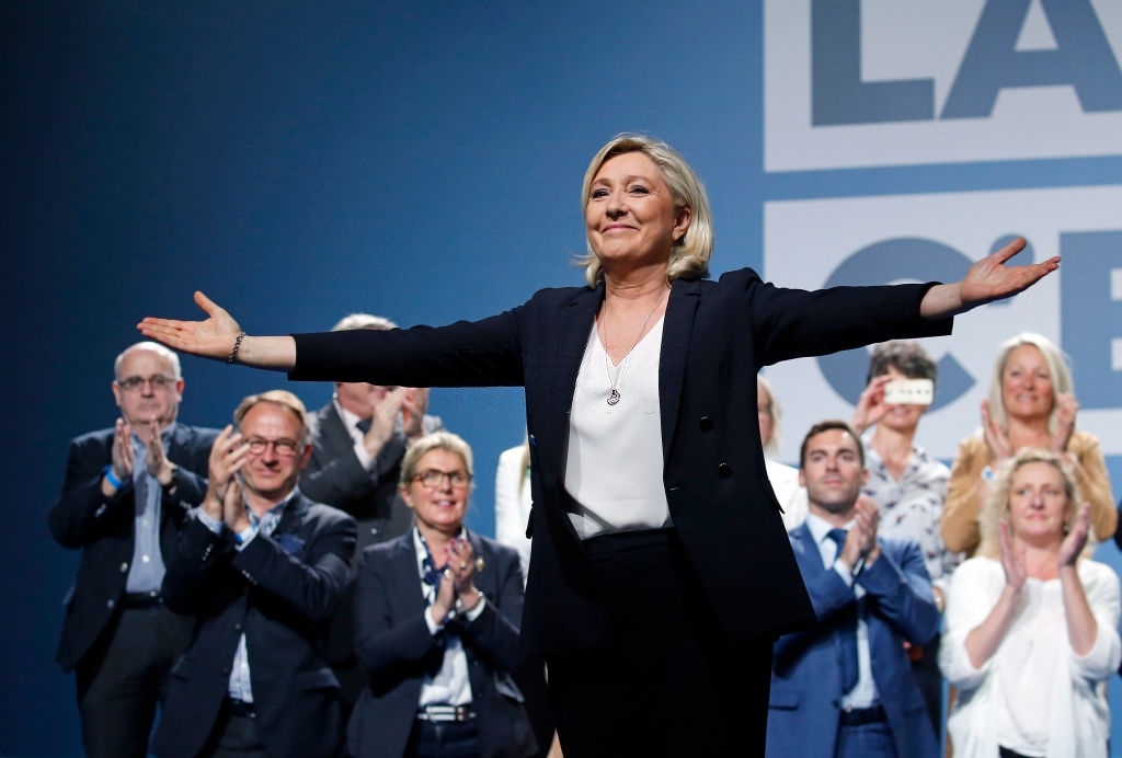 METZ, FRANCE - MAY 01: President of the rightwing populist National Rally party, Marine Le Pen, waves during a campaign meeting for upcoming European Elections' on May 01, 2019 in Metz, France. In France, the vote for the European elections will take place on May 26, 2019. (Photo by Chesnot/Getty Images)
