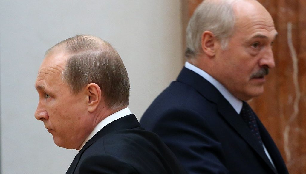 MINSK, BEALRUS - JUNE 8: (RUSSIA OUT) Russian President Vladimir Putin (L) and Belarussian President Alexander Lukashenko (R) arrive to the meeting at the Presidential Palace on June 8, 2016 in Minsk, Belarus. Vladimir Putin is having a one-day visit to Minsk to attend the 3rd Regional Forum of Russia and Belarus (Photo by Mikhail Svetlov/Getty Images)