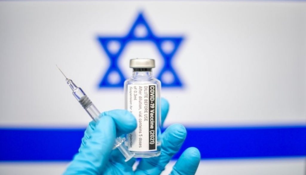 Vaksin Covid-19 dengan jarum suntik dan gambar bendera Israel di latar belakang, Coronavirus SARS-CoV-2, vaksinasi (Stok Foto Getty Image)