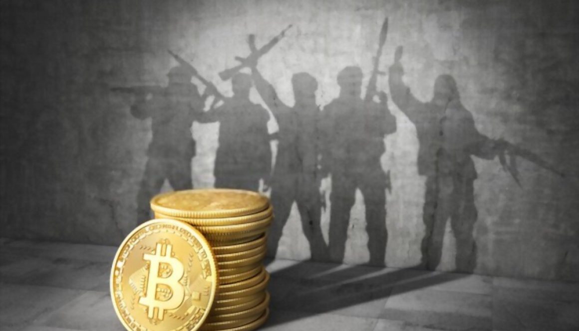 Terrorism concept. E-financing of terror. Stack of bitcoin cast shadow in form of band of terrorists with weapons. (Photo via Shutterstock)