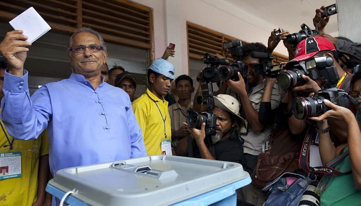 DILI, EAST TIMOR - MARCH 17: East Timorese President Jose Ramos Horta shows his ballot to the media as he votes in the 3rd Presidential elections on March 17, 2012 in Dili, East Timor. The vote appears to be a three-way race between the incumbent Jose Ramos Horta, Fretilin Party candidate Francisco 'Lo Olo' Guterres and former military chief Taur Matan Ruak. The President will be elected by absolute majority vote through a two-round system to serve a 5-year term. (Photo by Paula Bronstein/Getty Images)