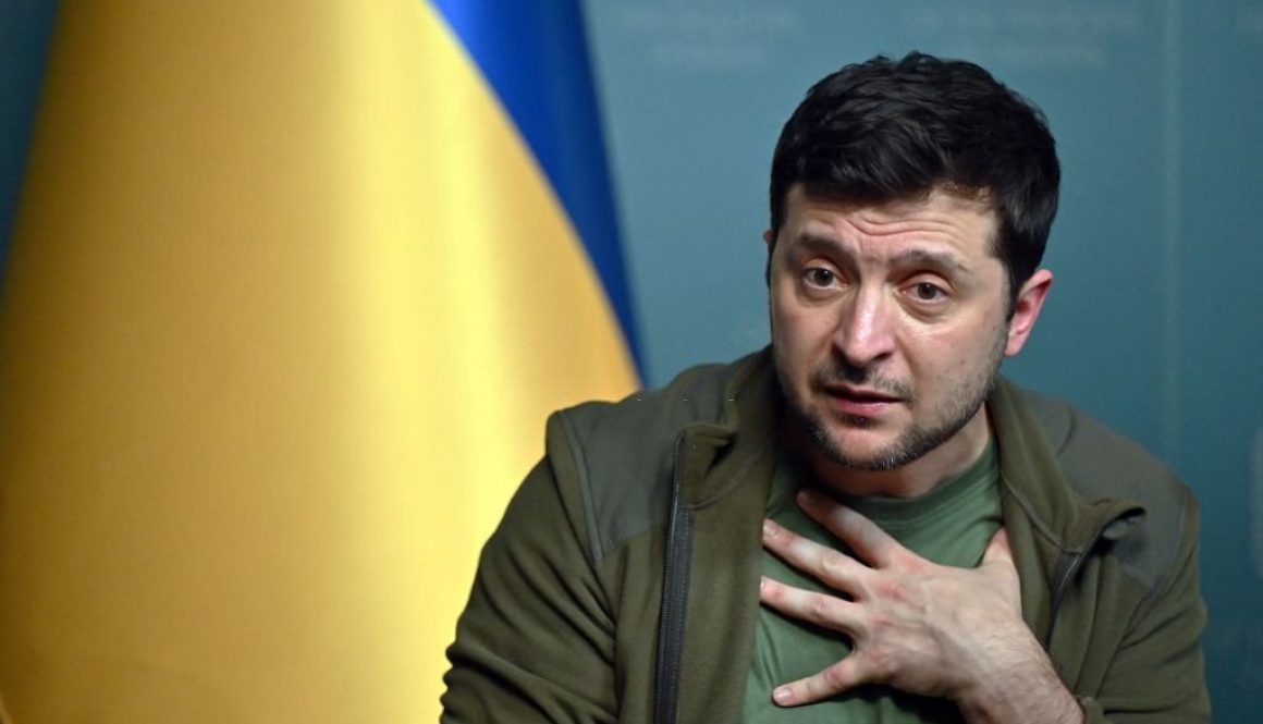 TOPSHOT - Ukrainian President Volodymyr Zelensky speaks during a press conference in Kyiv on March 3, 2022. - Ukraine President Volodymyr Zelensky called on the West on March 3, 2022, to increase military aid to Ukraine, saying Russia would advance on the rest of Europe otherwise. "If you do not have the power to close the skies, then give me planes!" Zelensky said at a press conference. "If we are no more then, God forbid, Latvia, Lithuania, Estonia will be next," he said, adding: "Believe me." (Photo by Sergei SUPINSKY / AFP) (Photo by SERGEI SUPINSKY/AFP via Getty Images)