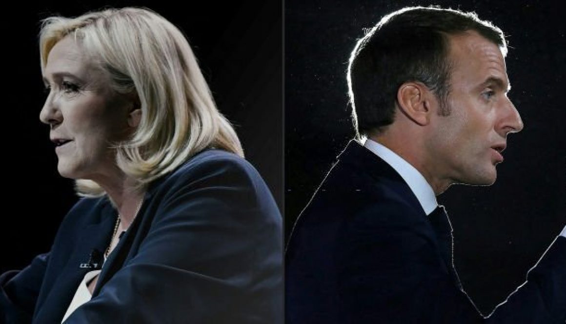 (COMBO) This combination of file pictures created on April 12, 2022 shows French far-right Rassemblement National (RN) party presidential candidate Marine Le Pen (L) giving a speech during a campaign rally in Reims, eastern France, on February 5, 2022 and French President and La Republique en Marche (LREM) party candidate for re-election Emmanuel Macron (L) delivering a speech during the economic event "Choose Grand Est" in Pont-a-Mousson, northeastern France, on November 5, 2018. - French President Emmanuel Macron and his far-right rival Marine Le Pen on April 11, 2022 kicked off a final fortnight of bruising campaigning for the French presidency in a run-off that polls predict risks being tight. (Photo by Ludovic MARIN and STEPHANE DE SAKUTIN / various sources / AFP) (Photo by LUDOVIC MARIN,STEPHANE DE SAKUTIN/AFP via Getty Images)