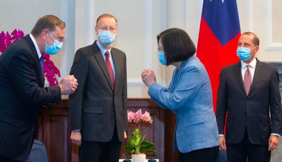 Taiwan's President Tsai Ing-wen (2nd R) gestures to a US official (L) as US Secretary of Health and Human Services Alex Azar (R) and director of the American of Institute in Taiwan, Brent Christensen (2nd L), look on during their visit to the Presidential Office in Taipei on August 10, 2020. - The US cabinet member met Taiwan's leader on August 10 during the highest level visit from the United States since it switched diplomatic recognition from the island to China in 1979, a trip that Beijing has condemned. (Photo by Pei Chen / POOL / AFP) (Photo by PEI CHEN/POOL/AFP via Getty Images)