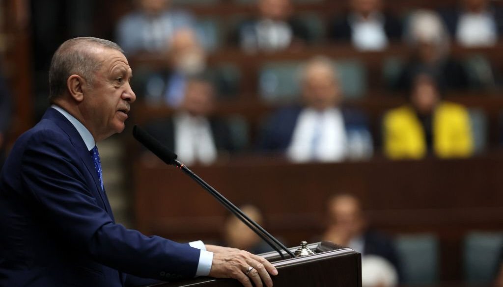 Turkey's President and leader of the Justice and Development (AK) Party Recep Tayyip Erdogan delivers a speech during his partys group meeting at the Turkish Grand National Assembly (TGNA) in Ankara, on May 18, 2022. - Recep Tayyip Erdogan, who has threatened to block Finland and Sweden from joining NATO, urged the alliance's members on May 18, 2022 to "respect" Ankara's concerns about the two countries, which Turkey accuses of harbouring terrorists. (Photo by Adem ALTAN / AFP) (Photo by ADEM ALTAN/AFP via Getty Images)
