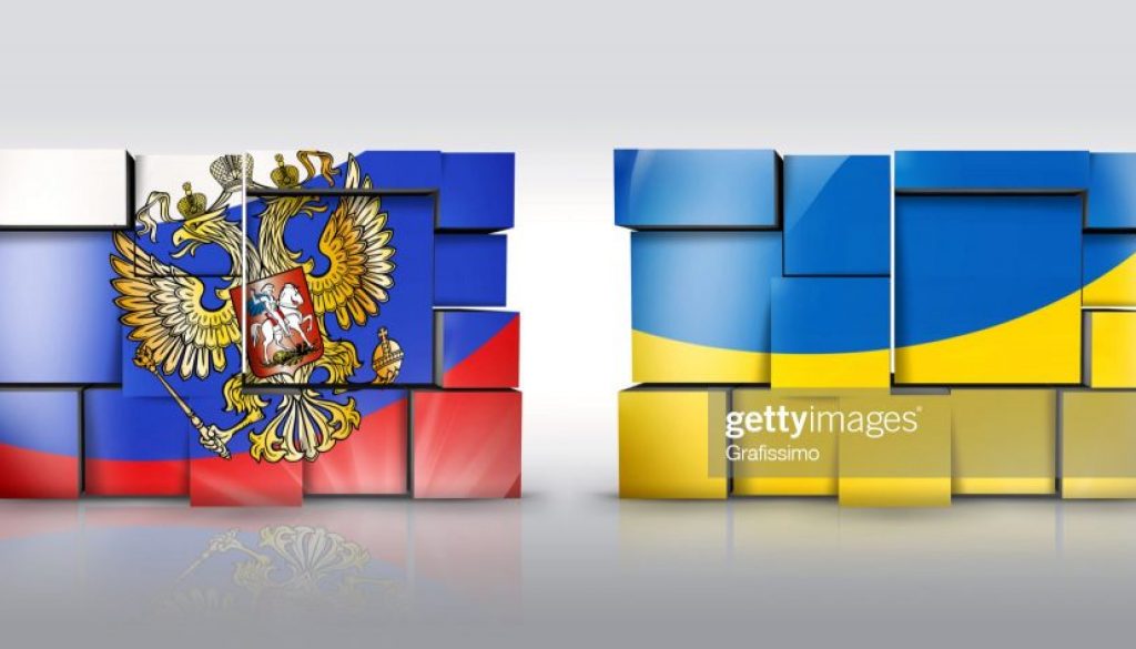 Russia and Ukraine wall with flag as puzzle isolated on white