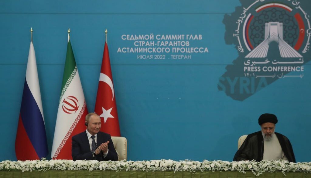 Iranian President Ebrahim Raisi and Russian President Vladimir Putin during the 7th Guarantor States Summit at a joint news conference on July 19, 2022 in Tehran, Iran. (Photo by Mohammadreza Abbasi ATPImages/Getty Images)