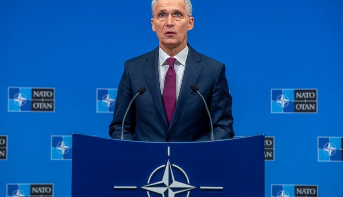 WATFORD, ENGLAND - DECEMBER 3: In this handout provided by NATO, Jens Stoltenberg, Secretary General of NATO speaks at a press conference ahead of the NATO Leaders meeting at the NATO HQ on December 3, 2019 in Watford, England. France and the UK signed the Treaty of Dunkirk in 1947 in the aftermath of WW2 cementing a mutual alliance in the event of an attack by Germany or the Soviet Union. The Benelux countries joined the Treaty and in April 1949 expanded further to include North America and Canada followed by Portugal, Italy, Norway, Denmark and Iceland. This new military alliance became the North Atlantic Treaty Organisation (NATO). The organisation grew with Greece and Turkey becoming members and a re-armed West Germany was permitted in 1955. This encouraged the creation of the Soviet-led Warsaw Pact delineating the two sides of the Cold War. This year marks the 70th anniversary of NATO. (Photo by NATO handout via Getty Images)