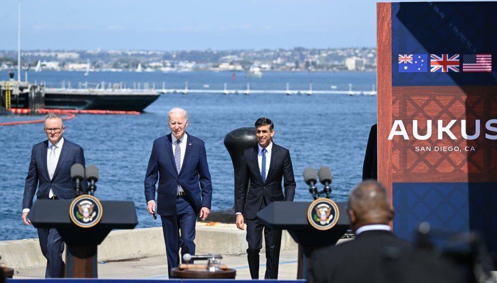 U.S. President, Prime Minister of the United Kingdom, and Prime Minister of Australia arrive for the Australia â United Kingdom â United States (AUKUS) Partnership meeting at Naval Base Point Loma in San Diego, California, United States on March, 13, 2023. (Photo by Tayfun Coskun/Anadolu Agency via Getty Images)