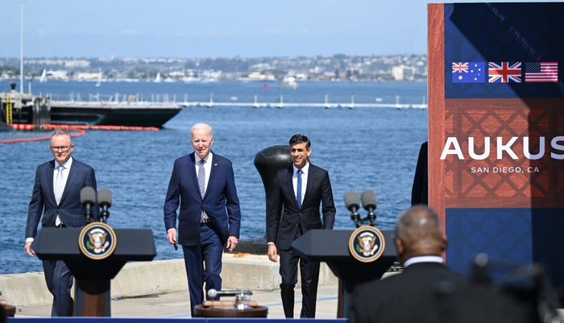 U.S. President, Prime Minister of the United Kingdom, and Prime Minister of Australia arrive for the Australia â United Kingdom â United States (AUKUS) Partnership meeting at Naval Base Point Loma in San Diego, California, United States on March, 13, 2023. (Photo by Tayfun Coskun/Anadolu Agency via Getty Images)