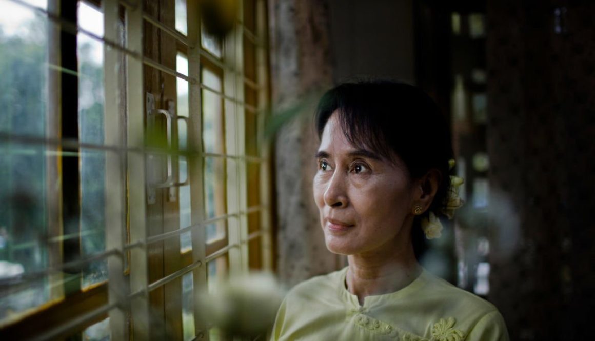Myanmar democracy icon Aung San Suu Kyi poses for a portrait at the National League for Democracy (NLD) headquarters in Yangon on December 8, 2010 in Yangon, Myanmar. On the evening of 13 November 2010, Aung San Suu Kyi was released from house arrest. The Nobel Peace Prize laureate had been detained for 15 of the past 21 years. (Photo by Drn/Getty Images)