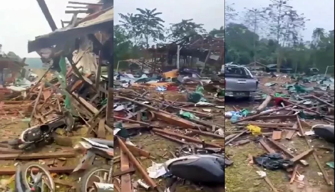 This photo combination made from a viral video shows the aftermath of the airstrike in A Nang Pa region of Hpakant township - NST