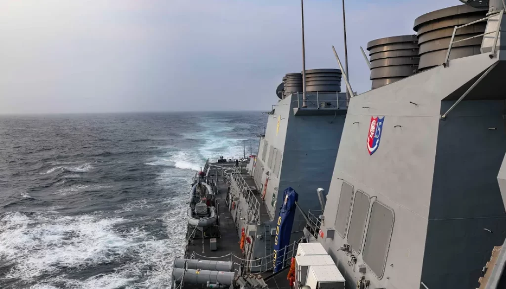The Arleigh Burke-class guided-missile destroyer USS Benfold, shown here transiting the Taiwan Strait in a July 2021 file photo, sailed near the Spratly Islands on Wednesday.