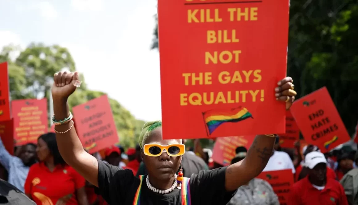 Uganda’s queer activist Papa De raises a fist outside the Ugandan High Commission during a picket against the country's anti-homosexuality bill in Pretoria. Phill Magakoe/AFP via Getty Images
