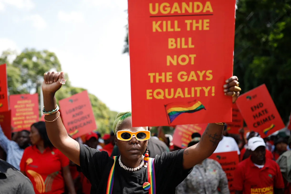 Uganda’s queer activist Papa De raises a fist outside the Ugandan High Commission during a picket against the country's anti-homosexuality bill in Pretoria. Phill Magakoe/AFP via Getty Images