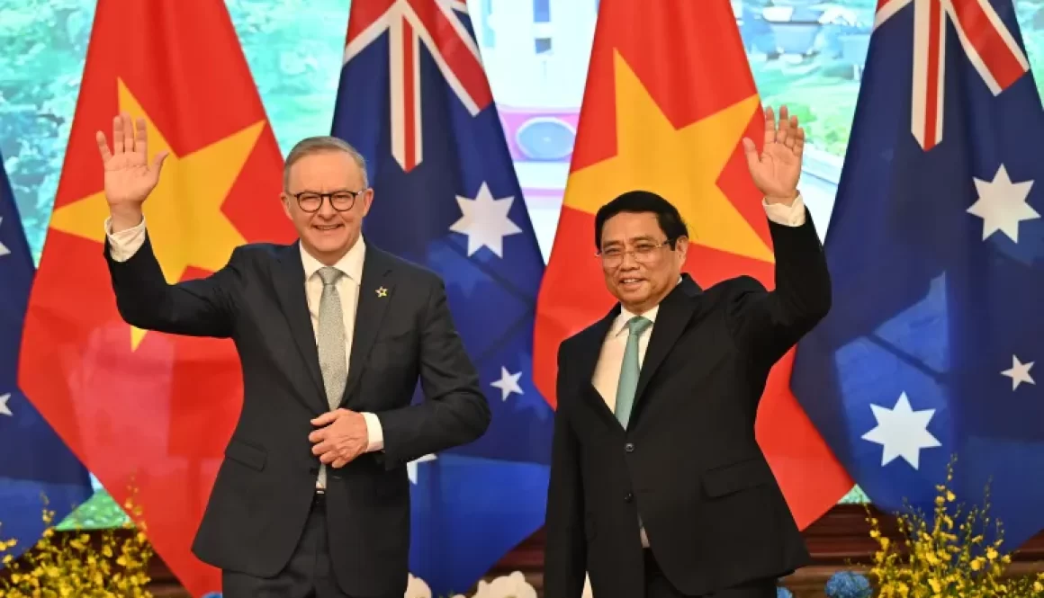 Prime Minister Anthony Albanese, left, and Vietnamese Prime Minister Pham Minh Chinh pose for a photo ahead of their bilateral meeting in Hanoi, Vietnam on Sunday. (AP)