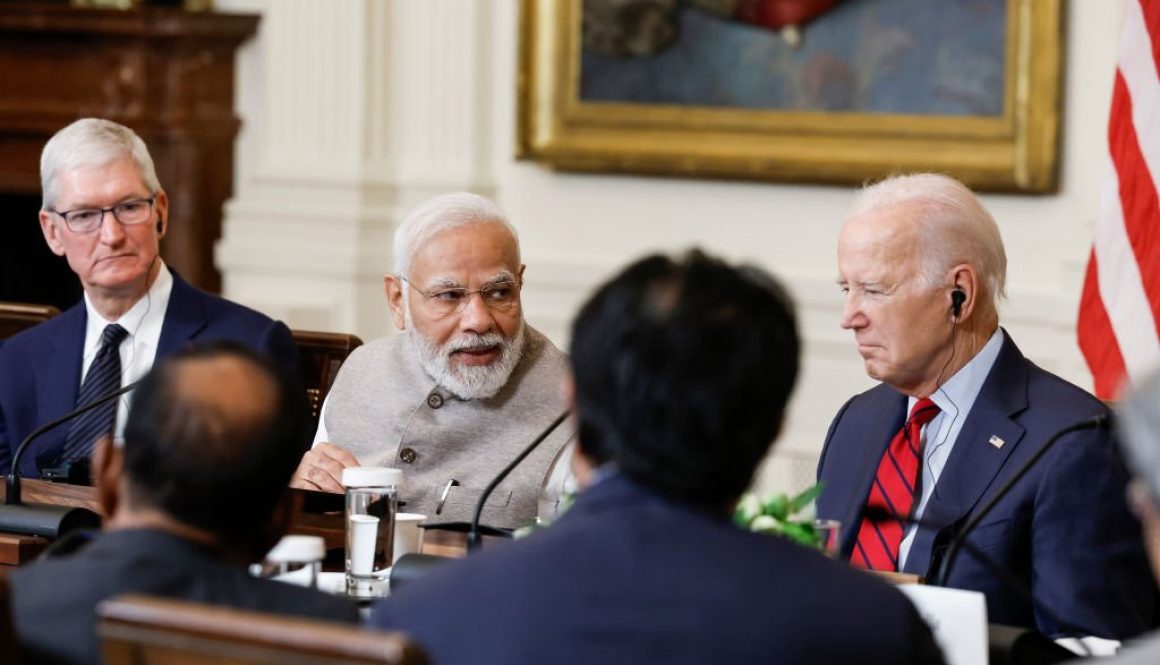 WASHINGTON, DC - JUNE 23: Indian Prime Minister Narendra Modi speaks during a roundtable with American and Indian business leaders alongside U.S. President Joe Biden in the East Room of the White House on June 23, 2023 in Washington, DC. Biden and Modi held the meeting to meet with a range of leaders from the tech and business worlds and to discuss topics including innovation and AI. People in attendance included Apple CEO Tim Cook. (Photo by Anna Moneymaker/Getty Images)