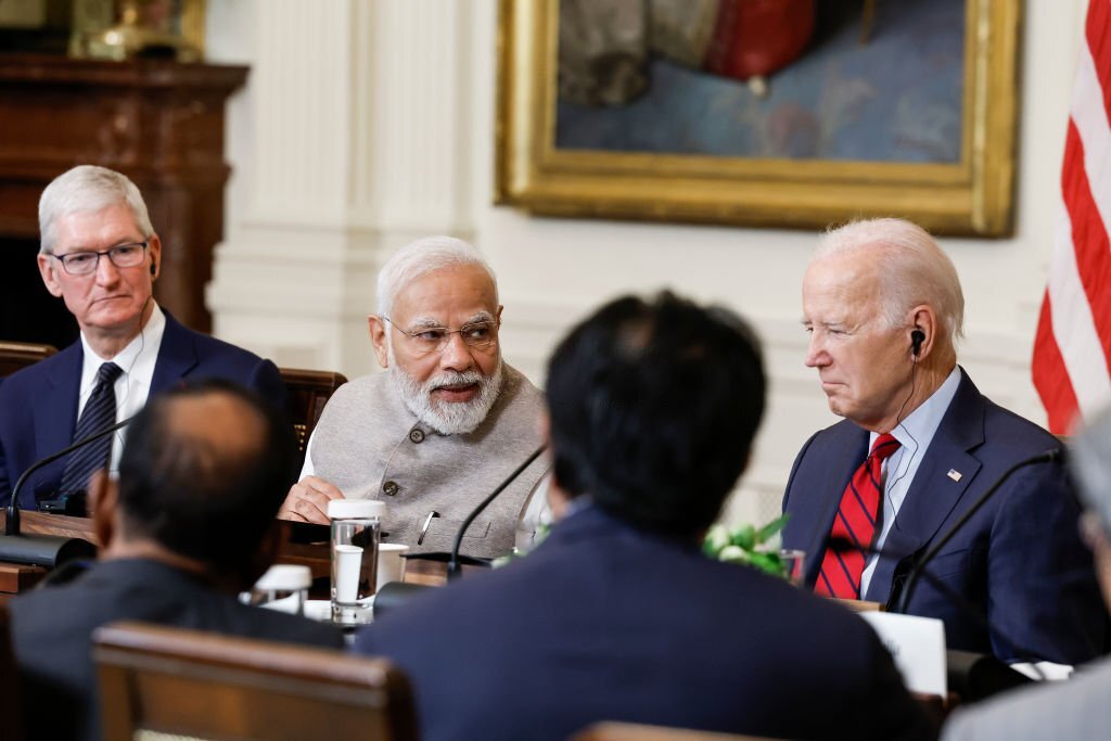 WASHINGTON, DC - JUNE 23: Indian Prime Minister Narendra Modi speaks during a roundtable with American and Indian business leaders alongside U.S. President Joe Biden in the East Room of the White House on June 23, 2023 in Washington, DC. Biden and Modi held the meeting to meet with a range of leaders from the tech and business worlds and to discuss topics including innovation and AI. People in attendance included Apple CEO Tim Cook. (Photo by Anna Moneymaker/Getty Images)