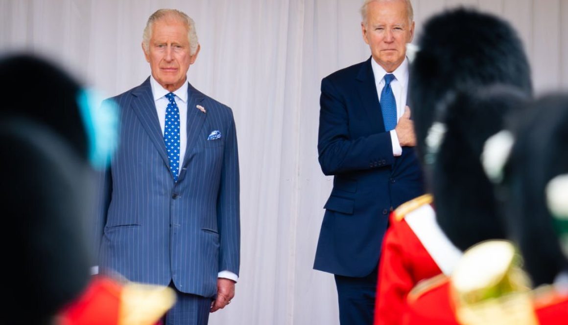 WINDSOR, ENGLAND - JULY 10: King Charles III meets the President of the United States Joe Biden at Windsor Castle on July 10, 2023 in Windsor, England. The President is visiting the UK to further strengthen the close relationship between the two nations and to discuss climate issues with King Charles III. (Photo by Samir Hussein/WireImage)