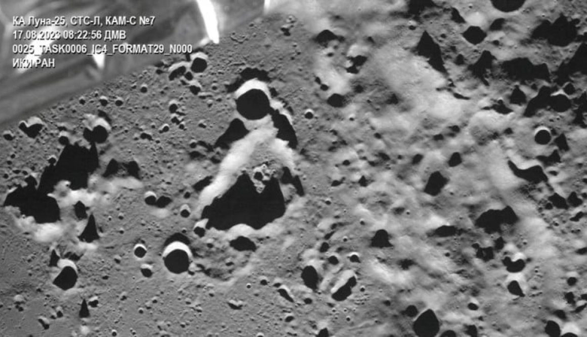This image taken by the Luna-25 spacecraft on Aug. 17 shows the moon's Zeeman crater. (Roscosmos/Reuters)