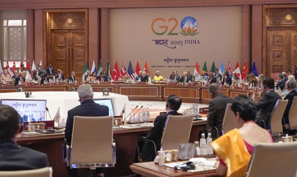 Upacara penutupan KTT G20 diadakan di New Delhi pada 10 September 2023. (Foto oleh Kyodo News melalui Getty Images)