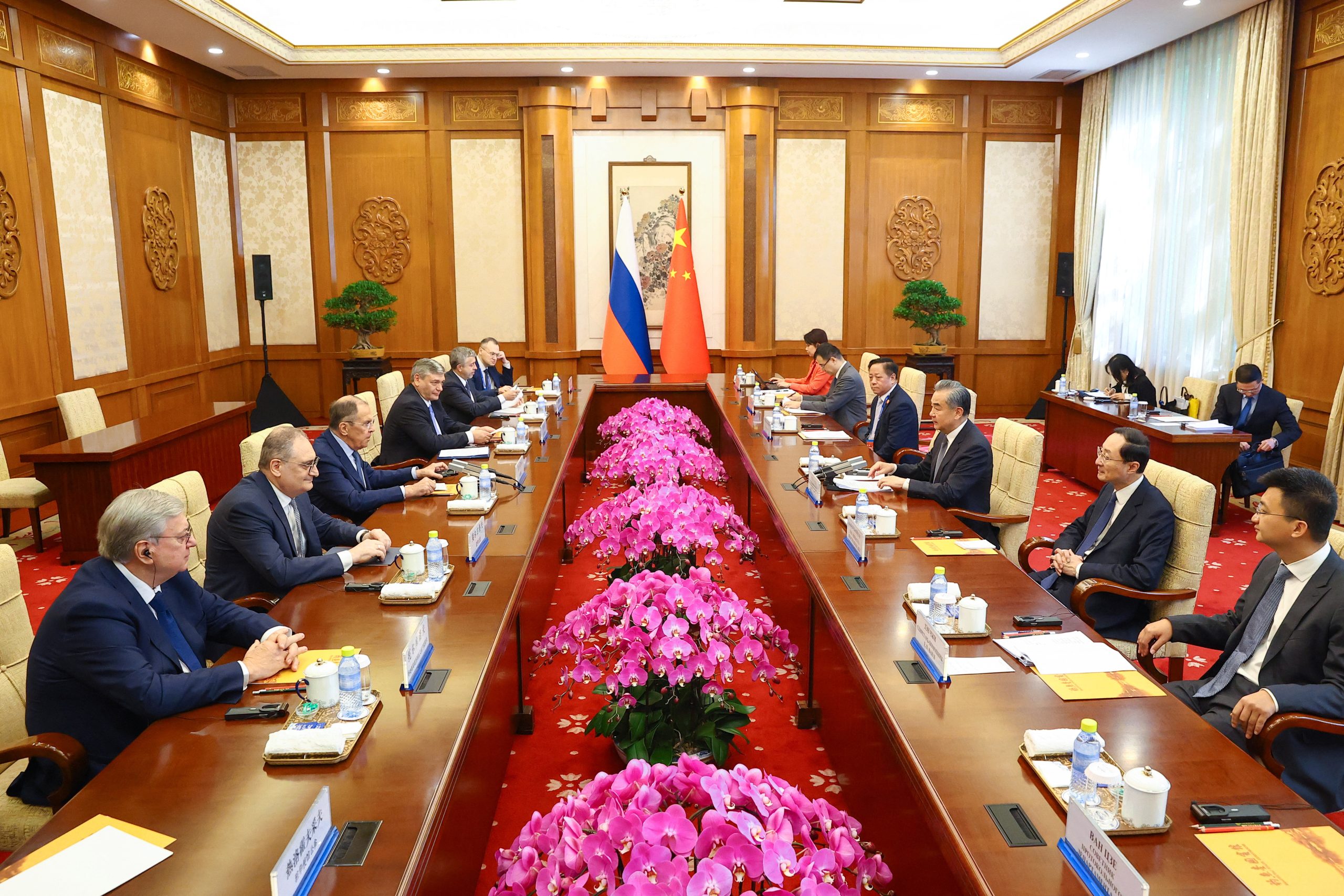 Russian Foreign Minister Sergei Lavrov and Chinese Foreign Minister Wang Yi attend a meeting in Beijing, China October 16, 2023. Russian Foreign Ministry/Handout via REUTERS
