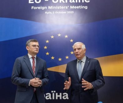A handout picture made available by the Ukraine Ministry of Foreign Affairs shows Ukrainian Foreign Minister Dmytro Kuleba (L) and EU's chief diplomat Josep Borrell (R) in Kyiv, Ukraine, 02 October 2023. [EPA-EFE/UKRAINE FOREIGN MINISTRY]