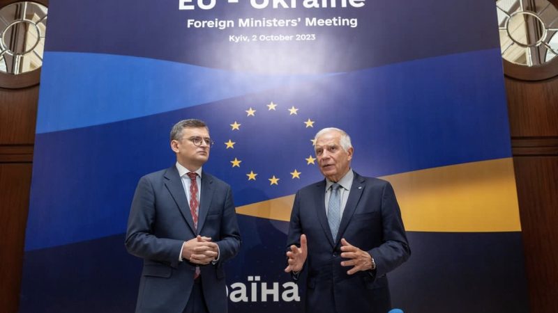 A handout picture made available by the Ukraine Ministry of Foreign Affairs shows Ukrainian Foreign Minister Dmytro Kuleba (L) and EU's chief diplomat Josep Borrell (R) in Kyiv, Ukraine, 02 October 2023. [EPA-EFE/UKRAINE FOREIGN MINISTRY]