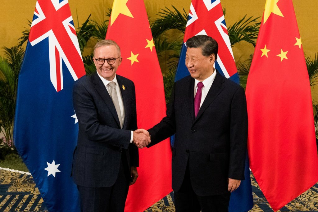 The 2022 G20 summit in Bali, Indonesia. Australian prime minister Anthony Albanese bilateral meeting with President of the People's Republic of China, Xi Jinping. November 15th, 2022. (Photo by James Brickwood/Sydney Morning Herald via Getty Images)