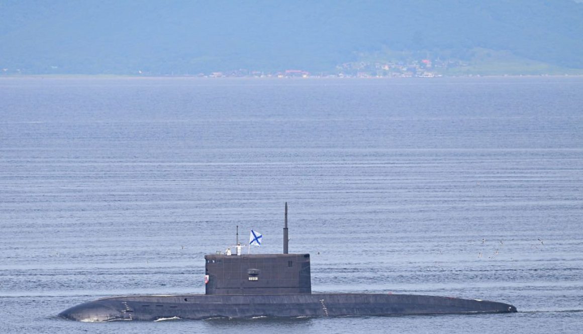 A Russia's Pacific Fleet submarine parades off the port city of Vladivostok during the Navy Day celebrations on July 30, 2023. (Photo by Pavel KOROLYOV / AFP) (Photo by PAVEL KOROLYOV/AFP via Getty Images)