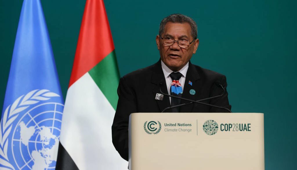 Kausea Natano, Perdana Menteri Tuvalu, berbicara pada hari kedua segmen tingkat tinggi Konferensi Iklim COP28 UNFCCC di Expo City Dubai pada 02 Desember 2023 di Dubai, Uni Emirat Arab (Foto oleh Sean Gallup/Getty Images)