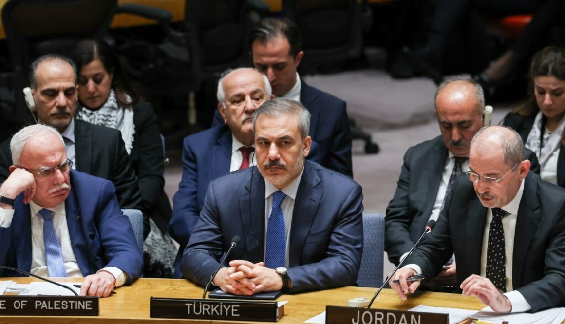 Turkish Foreign Minister Hakan Fidan (2nd R) attends the UN Security Council meeting (UNSC) on the situation in the Middle East on November 29, 2023 in New York, United States. (Photo by Murat Gok/Anadolu via Getty Images)