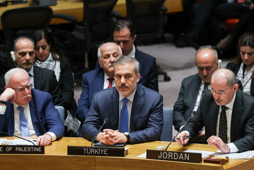 Turkish Foreign Minister Hakan Fidan (2nd R) attends the UN Security Council meeting (UNSC) on the situation in the Middle East on November 29, 2023 in New York, United States. (Photo by Murat Gok/Anadolu via Getty Images)