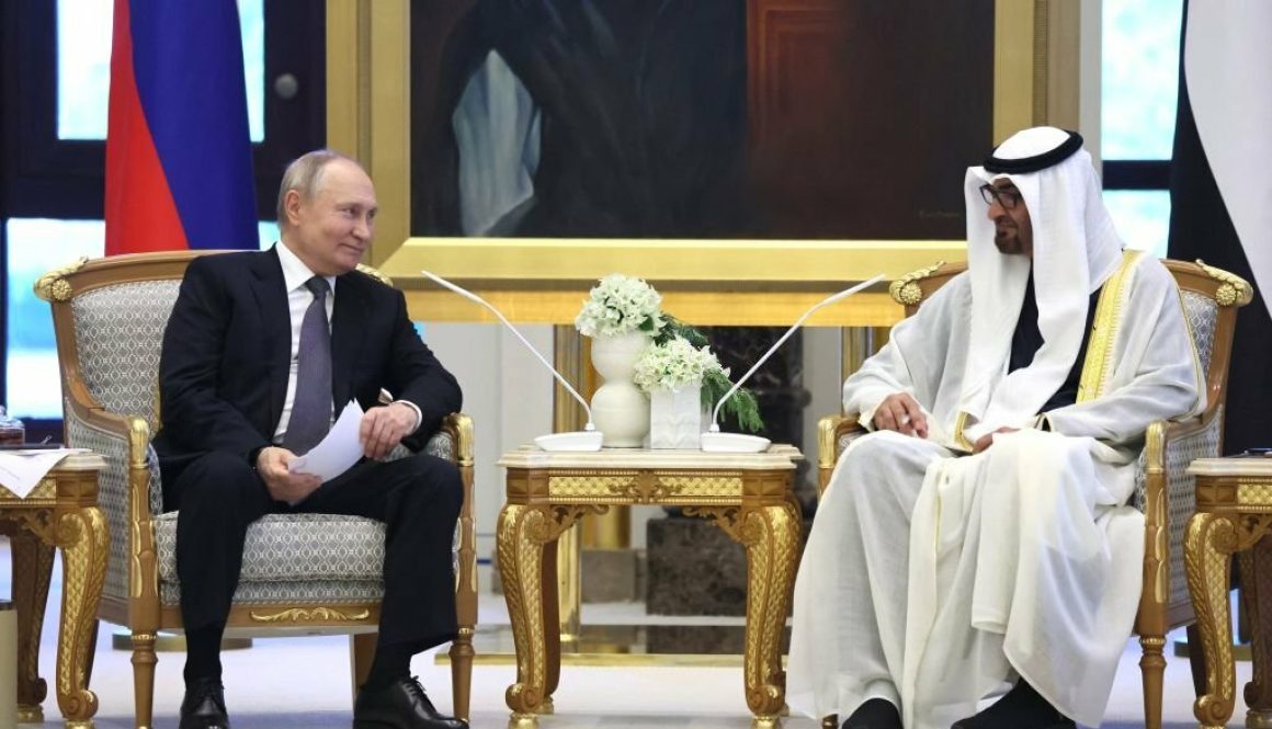 This pool photograph distributed by Russian state agency Sputnik shows Russia's President Vladimir Putin and President of the United Arab Emirates Sheikh Mohamed bin Zayed Al Nahyan holding a meeting in Abu Dhabi on December 6, 2023. (Photo by Sergei SAVOSTYANOV / POOL / AFP) (Photo by SERGEI SAVOSTYANOV/POOL/AFP via Getty Images)