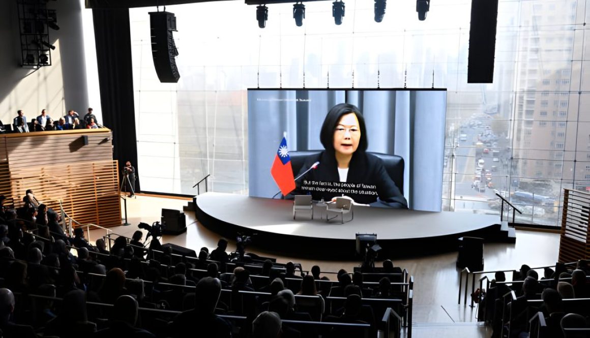 An interview between Andrew Ross Sorkin and President of Taiwan Tsai Ing-wen is displayed on a screen during The New York Times Dealbook Summit 2023 at Jazz at Lincoln Center on November 29, 2023 in New York City. (Photo by Slaven Vlasic/Getty Images for The New York Times)