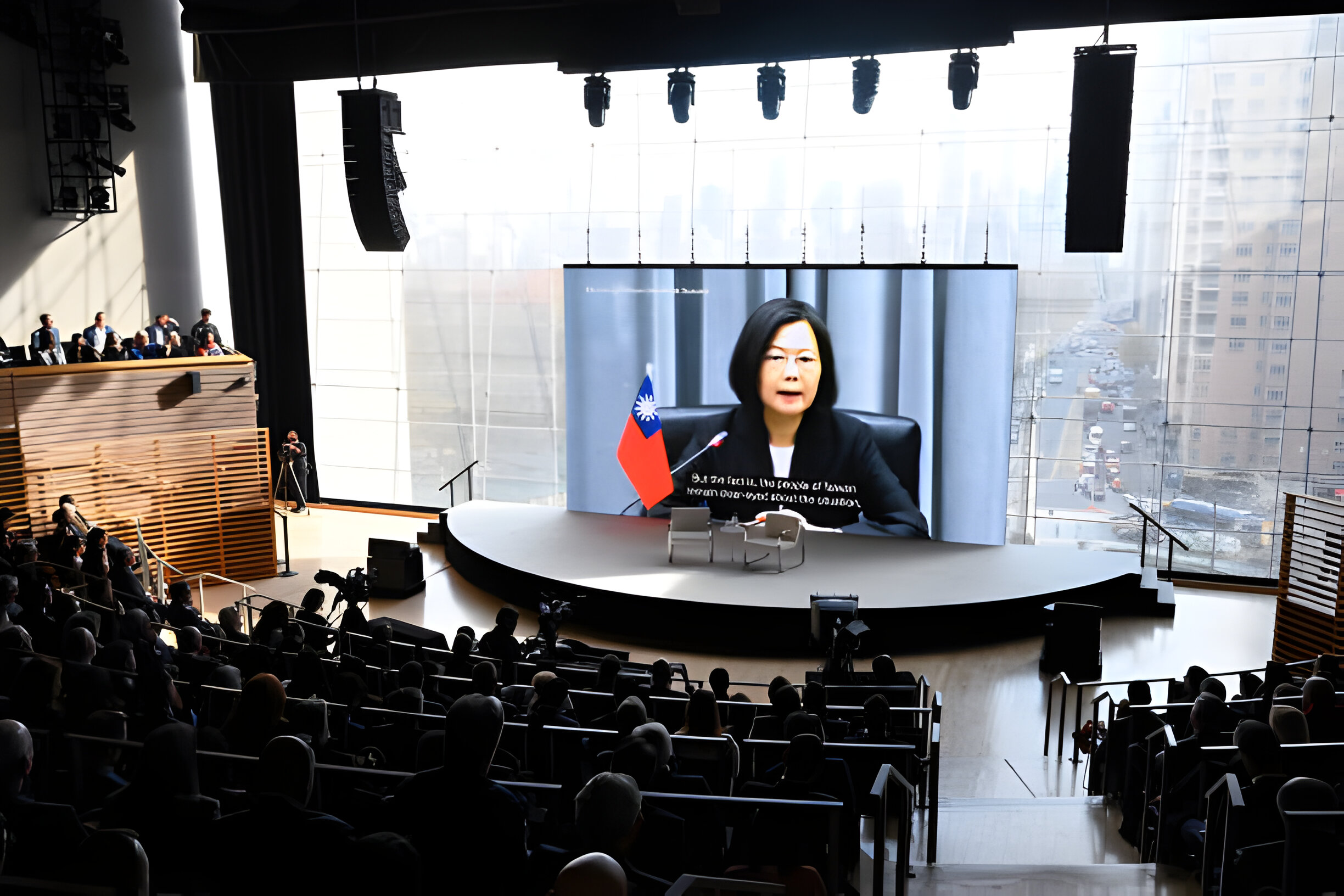 An interview between Andrew Ross Sorkin and President of Taiwan Tsai Ing-wen is displayed on a screen during The New York Times Dealbook Summit 2023 at Jazz at Lincoln Center on November 29, 2023 in New York City. (Photo by Slaven Vlasic/Getty Images for The New York Times)