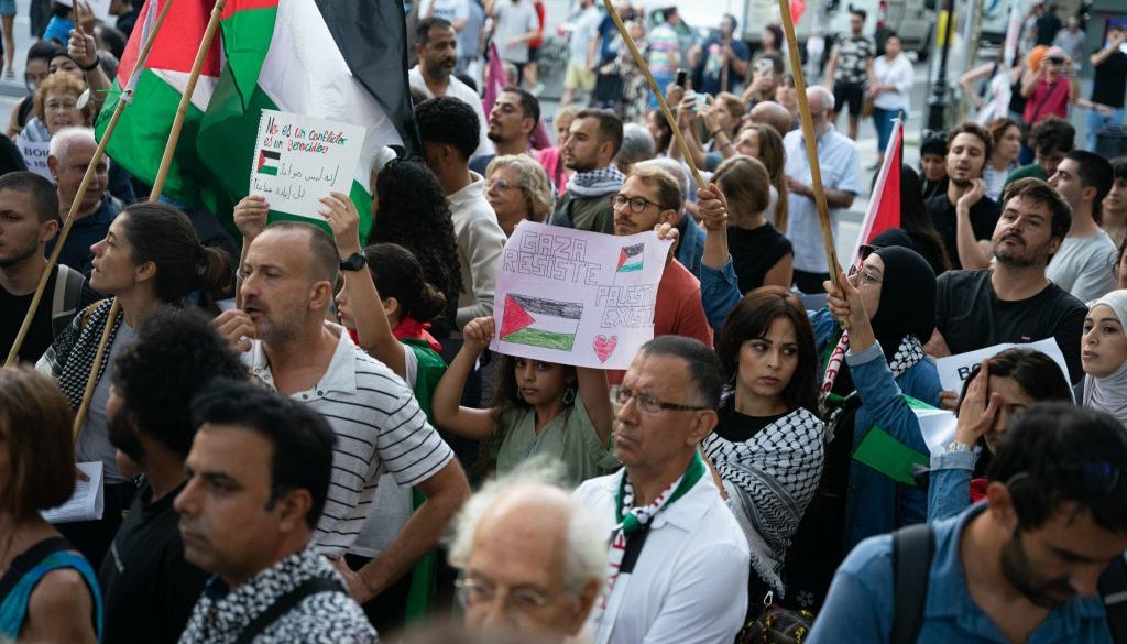 Hundreds of people gather at the EU headquarters in solidarity with Palestine in Barcelona, Spain, on October 11, 2023. (Photo by Marc Asensio/NurPhoto via Getty Images)