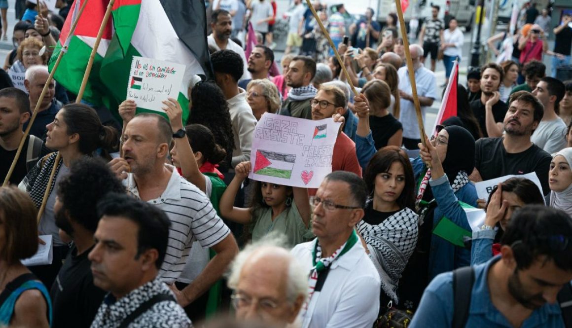 Hundreds of people gather at the EU headquarters in solidarity with Palestine in Barcelona, Spain, on October 11, 2023. (Photo by Marc Asensio/NurPhoto via Getty Images)