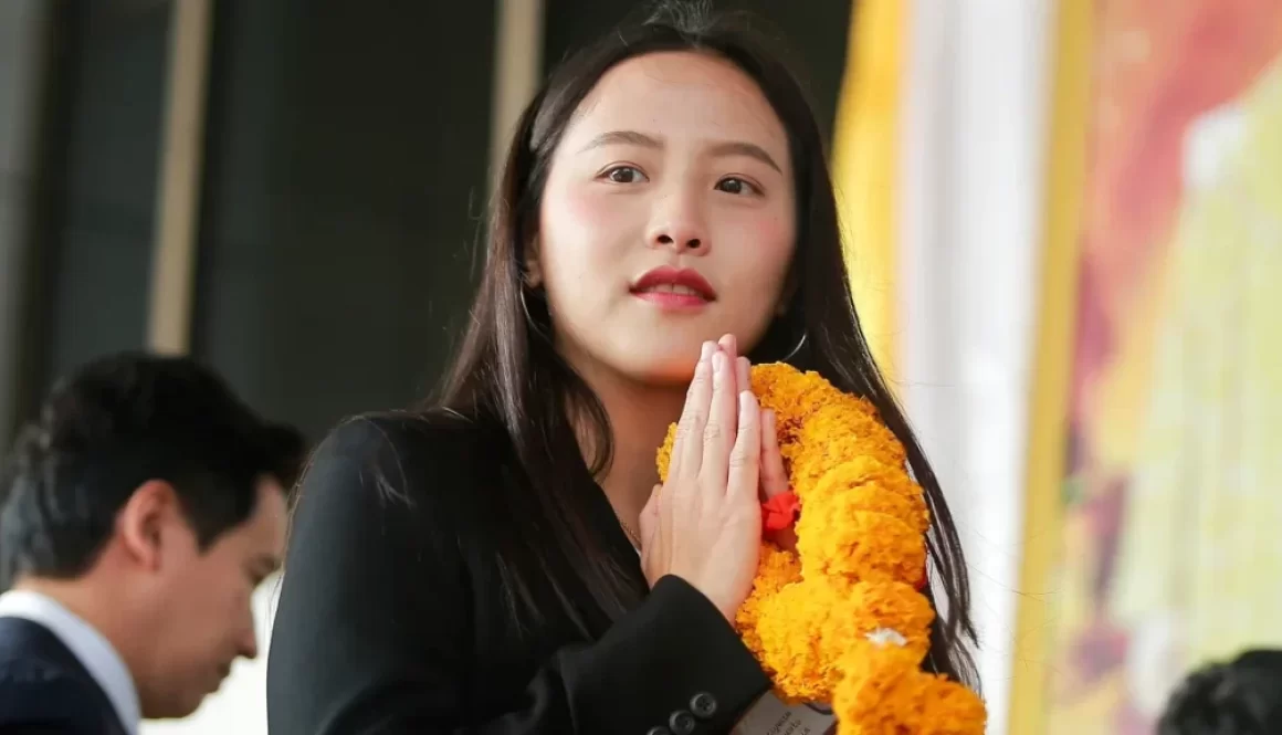 Parliament member Rukchanok Srinork of Thailand's opposition Move Forward party arrives at the criminal court in Bangkok, Thailand, on December 13, 2023.