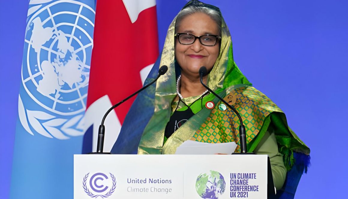 GLASGOW, SCOTLAND - NOVEMBER 01: Sheikh Hasina, Prime Minister of Bangladesh speaks as National Statements are delivered on day two of the COP 26 United Nations Climate Change Conference at SECC on November 01, 2021 in Glasgow, Scotland. 2021 sees the 26th United Nations Climate Change Conference. The conference will run from 31 October for two weeks, finishing on 12 November. It was meant to take place in 2020 but was delayed due to the Covid-19 pandemic. (Photo by Ian Forsyth/Getty Images)