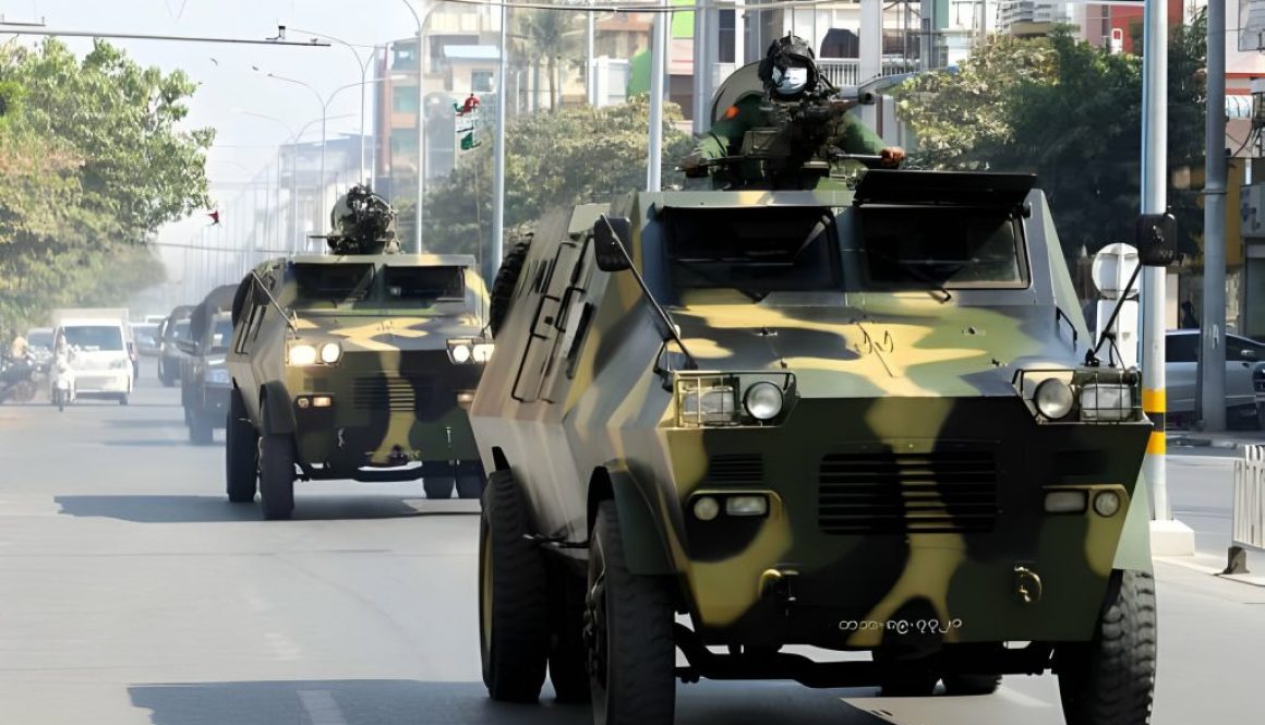 Armored personnel carriers are seen on the streets of Mandalay on February 3, 2021, as calls for a civil disobedience gather peace following a military coup which saw civilian leader Aung San Suu Kyi being detained. (Photo by STR / AFP) (Photo by STR/AFP via Getty Images