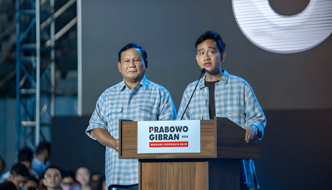 FEBRUARY 14: Indonesian presidential candidate Prabowo Subianto (L), the current Defense Minister, and vice presidential candidate Gibran Rakabuming Raka (R), the son of current Indonesian President Joko Widodo meets with supporters at an event on February 14, 2024 in Jakarta, Indonesia. Indonesia headed to the polls to vote in presidential elections on Feb. 14. (Photo by Oscar Siagian/Getty Images)