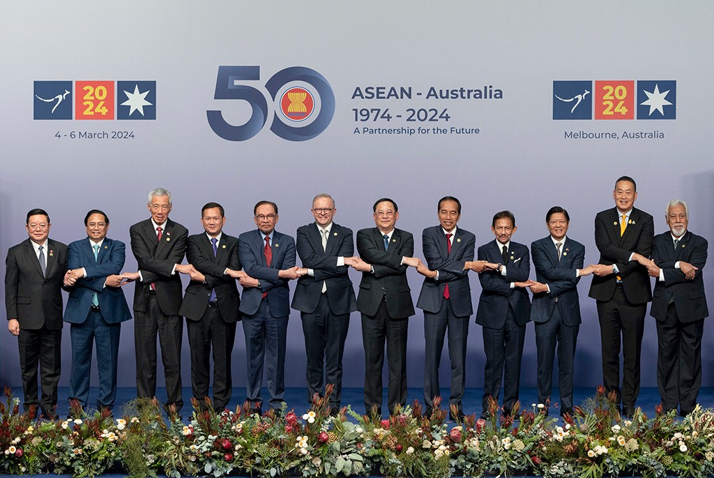 ASEAN leaders in Melbourne, Tuesday, March 05, 2024. Pictured (L-R) His Excellency Dr Kao Kim Hourn, Secretary-General of ASEAN, His Excellency Pham Minh Chinh, Prime Minister of the Socialist Republic of Vietnam, His Excellency Mr Lee Hsien Loong, Prime Minister of the Republic of Singapore, Samdech Moha Borvor Thipadei Hun Manet, Prime Minister of the Kingdom of Cambodia, The Honourable Anwar Ibrahim, Prime Minister of Malaysia, The Honourable Anthony Albanese MP, Prime Minister of Australia, His Excellency Mr Sonexay Siphandone, Prime Minister of the Lao PDR, His Excellency Mr. Joko Widodo, President of the Republic of Indonesia, His Majesty Sultan Haji Hassanal Bolkiah of Brunei, His Excellency Ferdinand R Marcos Jr, President of the Republic of the Philippines, His Excellency Mr Srettha Thavisin, Prime Minister of the Kingdom of Thailand, His Excellency Kay Rala Xanana Gusmao, Prime Minister of the Democratic Republic of Timor-Leste.